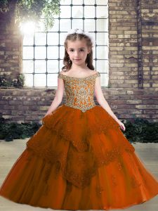 Low Price Rust Red Tulle Lace Up Off The Shoulder Sleeveless Floor Length Little Girl Pageant Gowns Beading and Appliques