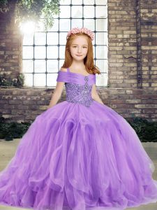  Lavender Tulle Lace Up Straps Sleeveless Floor Length Girls Pageant Dresses Beading