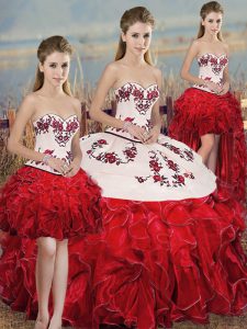 Luxury White And Red Lace Up Sweet 16 Quinceanera Dress Embroidery and Ruffles and Bowknot Sleeveless Floor Length