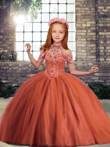 Top Selling Rust Red Lace Up Child Pageant Dress Beading Sleeveless Floor Length