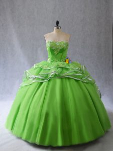 Gorgeous Tulle Sweetheart Sleeveless Brush Train Lace Up Appliques and Ruffles Quinceanera Gown in 