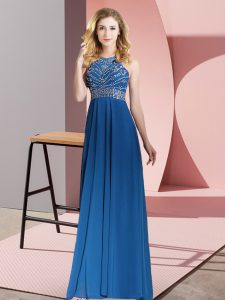 Flare Empire Homecoming Dress Royal Blue Scoop Chiffon Sleeveless Floor Length Backless