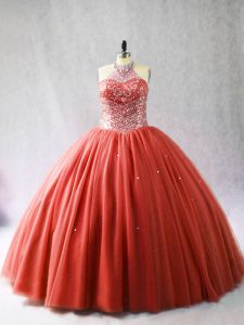 Glamorous Red Ball Gowns Halter Top Sleeveless Tulle Brush Train Lace Up Beading Vestidos de Quinceanera