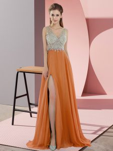  Orange Sleeveless Chiffon Sweep Train Zipper Dress for Prom for Prom and Party