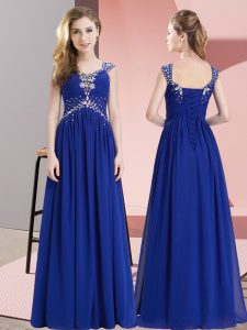  Royal Blue Prom Gown Prom and Party and Military Ball with Beading Straps Sleeveless Lace Up