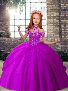  Purple Little Girl Pageant Gowns Party and Wedding Party with Beading High-neck Sleeveless Lace Up