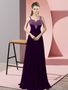 Sweet Sleeveless Floor Length Beading Zipper Dress for Prom with Dark Purple
