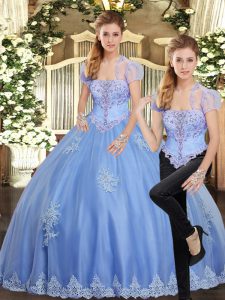 Latest Light Blue Strapless Lace Up Beading and Appliques Quinceanera Dress Sleeveless