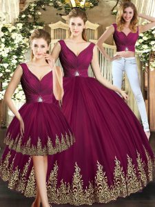 Dazzling Burgundy Sleeveless Floor Length Beading and Appliques Backless Ball Gown Prom Dress