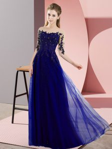 Perfect Half Sleeves Chiffon Floor Length Lace Up Quinceanera Court of Honor Dress in Blue with Beading and Lace