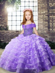 New Style Beading and Ruffled Layers Kids Formal Wear Lavender Lace Up Sleeveless Brush Train