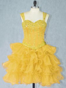  Sleeveless Mini Length Beading and Ruffled Layers Lace Up Prom Dress with Gold