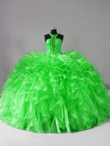 Flare Sleeveless Beading and Ruffles Lace Up 15 Quinceanera Dress with Brush Train