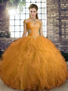Cute Orange Sleeveless Beading and Ruffles Floor Length Quince Ball Gowns