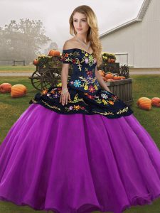 Extravagant Embroidery Quince Ball Gowns Black And Purple Lace Up Sleeveless Floor Length