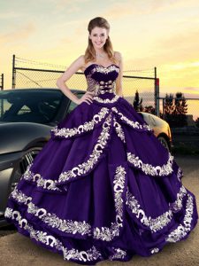 Custom Made Purple Satin and Taffeta Lace Up Sweetheart Sleeveless Quinceanera Dress Embroidery and Ruffled Layers