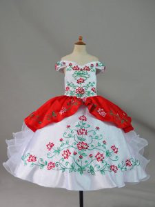 Wonderful Floor Length Ball Gowns Sleeveless White And Red Child Pageant Dress Lace Up