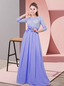 Customized Scoop 3 4 Length Sleeve Dama Dress Floor Length Lace and Belt Lavender Chiffon
