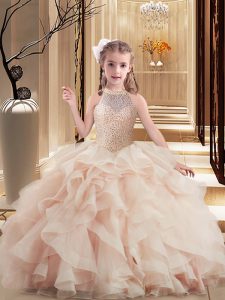  Sleeveless Floor Length Beading Lace Up Girls Pageant Dresses with Pink Brush Train