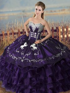 Adorable Purple Sweetheart Lace Up Embroidery and Ruffles 15 Quinceanera Dress Sleeveless