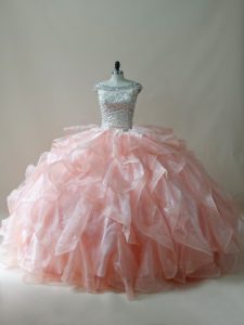  Peach Sleeveless Floor Length Beading and Ruffles Zipper 15th Birthday Dress