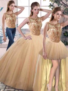  Gold Three Pieces Scoop Sleeveless Tulle Floor Length Lace Up Beading Quince Ball Gowns
