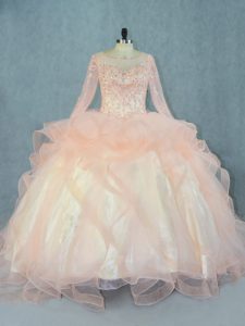  Peach Tulle Lace Up Scoop Long Sleeves Floor Length Ball Gown Prom Dress Beading and Ruffles