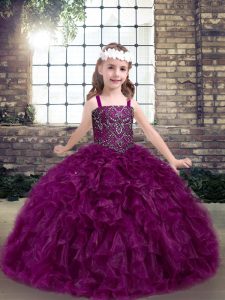 Superior Sleeveless Organza Floor Length Lace Up Little Girl Pageant Gowns in Fuchsia with Beading and Ruffles