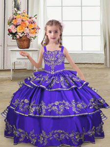 Modern Purple Lace Up Little Girl Pageant Dress Embroidery and Ruffled Layers Sleeveless Floor Length