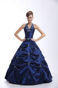 Best Selling Royal Blue Sleeveless Floor Length Embroidery and Pick Ups Lace Up Quince Ball Gowns