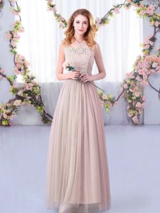 Fantastic Tulle Sleeveless Floor Length Damas Dress and Lace and Belt
