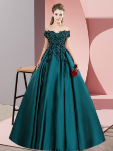Flare Sleeveless Satin Floor Length Zipper Quinceanera Dress in Teal with Lace