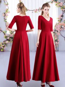Superior Wine Red V-neck Zipper Ruching Quinceanera Court of Honor Dress Half Sleeves
