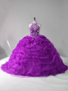 Great Purple Lace Up Halter Top Beading and Pick Ups Vestidos de Quinceanera Organza Sleeveless Court Train