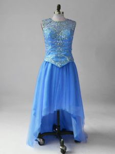  Blue Tulle Lace Up Scoop Sleeveless High Low Prom Gown Brush Train Beading