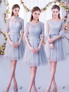 Low Price Grey Damas Dress Wedding Party with Lace Scoop Half Sleeves Lace Up