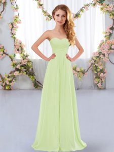 Elegant Floor Length Lace Up Dama Dress Yellow Green for Wedding Party with Ruching