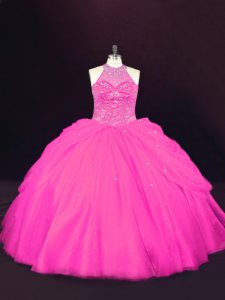  Tulle Halter Top Sleeveless Lace Up Beading Quinceanera Dress in Hot Pink