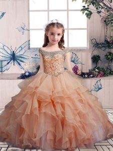  Peach Sleeveless Beading and Ruffles Floor Length Kids Formal Wear