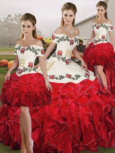 Super Embroidery and Ruffles Ball Gown Prom Dress White And Red Lace Up Sleeveless Floor Length