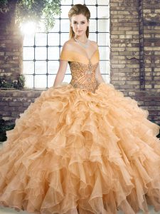  Gold Sleeveless Beading and Ruffles Lace Up Ball Gown Prom Dress