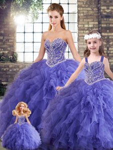  Lavender Ball Gowns Tulle Sweetheart Sleeveless Beading and Ruffles Floor Length Lace Up Ball Gown Prom Dress