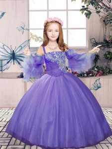 Floor Length Lavender Little Girls Pageant Dress Wholesale Straps Sleeveless Lace Up