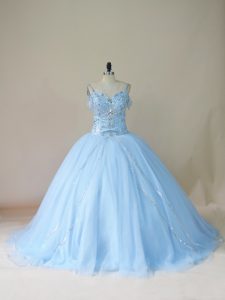 Nice Light Blue Ball Gowns Beading Sweet 16 Dresses Lace Up Tulle Sleeveless