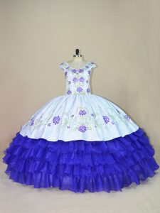  White And Purple Ball Gowns Satin and Organza V-neck Cap Sleeves Embroidery and Ruffled Layers Floor Length Lace Up Quince Ball Gowns