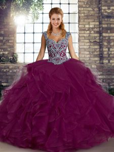 Deluxe Sleeveless Floor Length Beading and Ruffles Lace Up Sweet 16 Quinceanera Dress with Fuchsia
