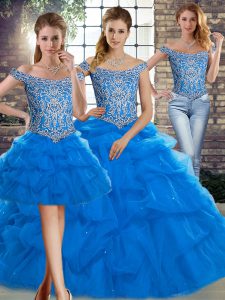 Hot Sale Blue Off The Shoulder Lace Up Beading and Pick Ups Sweet 16 Quinceanera Dress Brush Train Sleeveless