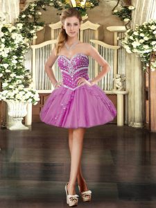 Fine Lavender Tulle Lace Up Prom Evening Gown Sleeveless Mini Length Beading and Ruffles