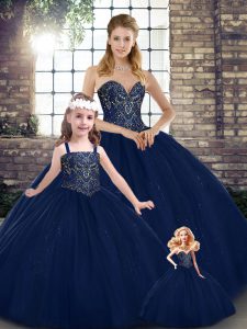  Floor Length Navy Blue Quinceanera Gown Sweetheart Sleeveless Lace Up