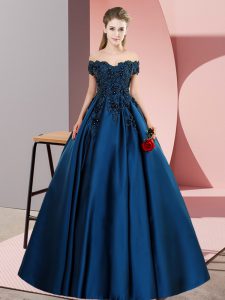 Navy Blue Satin Zipper Off The Shoulder Sleeveless Floor Length Quince Ball Gowns Lace
